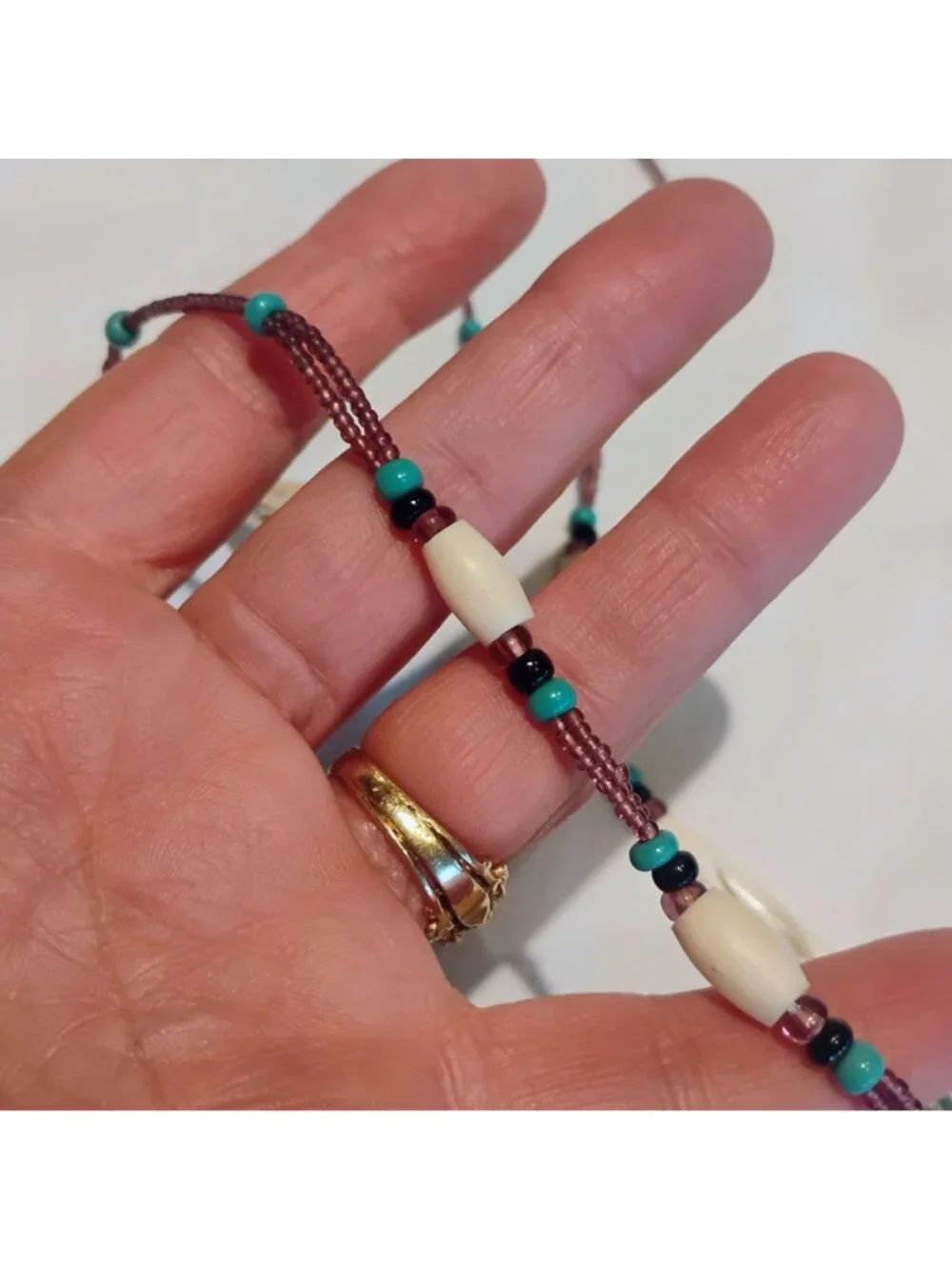 Vtg Native Wampum Bead Necklace Purple Spiny Oyster Shell on Leather - Picture 7 of 12